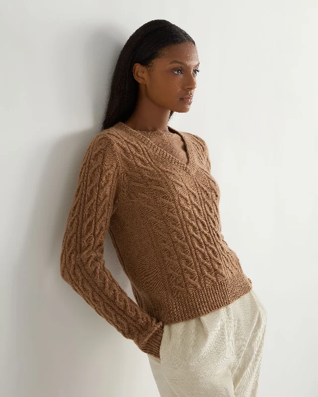 Make Your Weekend Count with Savings Women's Frankie Cable V Neck Cashmere Sweater Dark Camel Brown