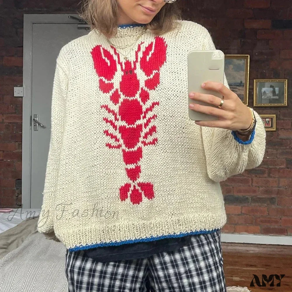 Special Discount Y2K Knitted Pullovers 90s Vintage Grunge Preppy Style Lobster Pattern Autumn Winter Long Sleeve Cozy Sweater
