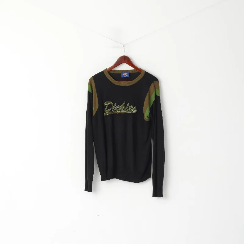 Dickies Men L (M) Jumper Black Soft Thin Crew Neck Logo Classic Stretch Sweater