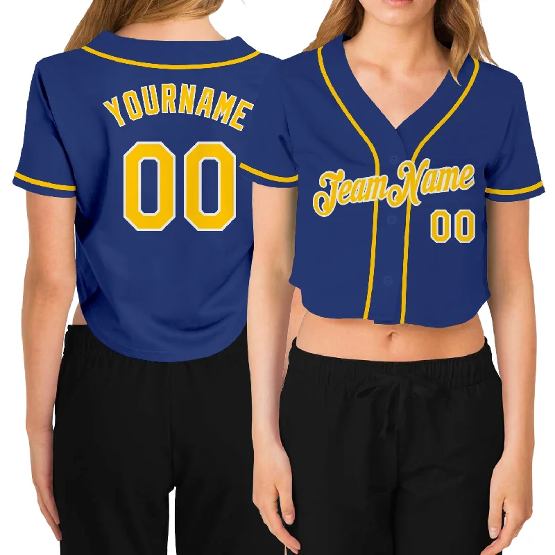 Steal Deal Custom Women's Royal Gold-White V-Neck Cropped Baseball Jersey