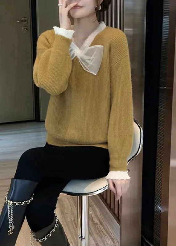 Super Sale French Yellow V Neck Bow Patchwork Woolen Knitted Sweaters Fall