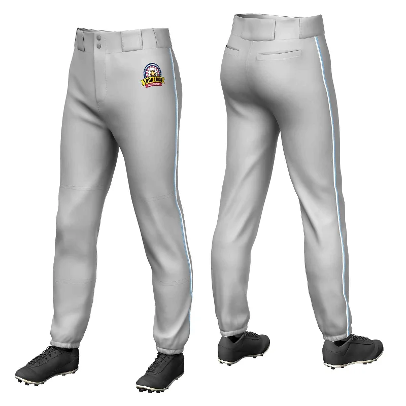 Custom Gray Light Blue-White Classic Fit Stretch Practice Pull-up Baseball Pants