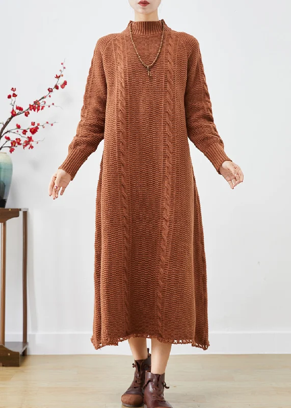 Today Only French Khaki High Neck Cable Knit Sweater Dress Winter
