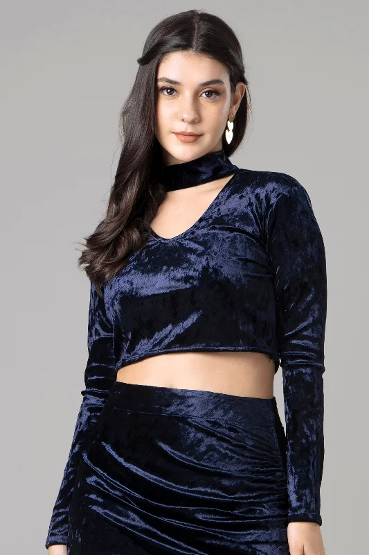 Pay Less Blue Velvet Choker Neck Crop Top For Women