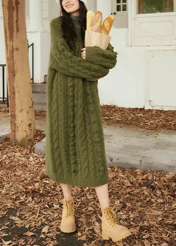 Final Offer Handmade Green O-Neck Side Open Cozy Cotton Knit Cable Sweater Dress Long Sleeve