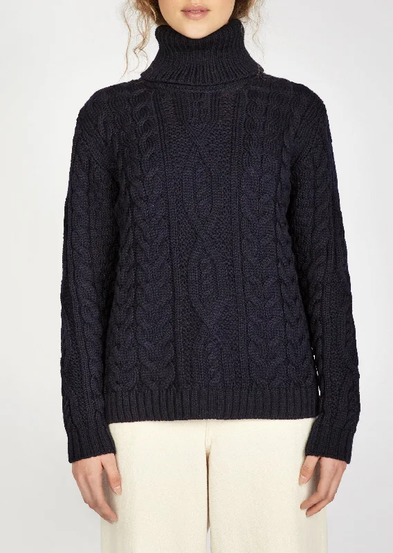 Lowest Rates Women's Polo Neck Aran Sweater | Navy
