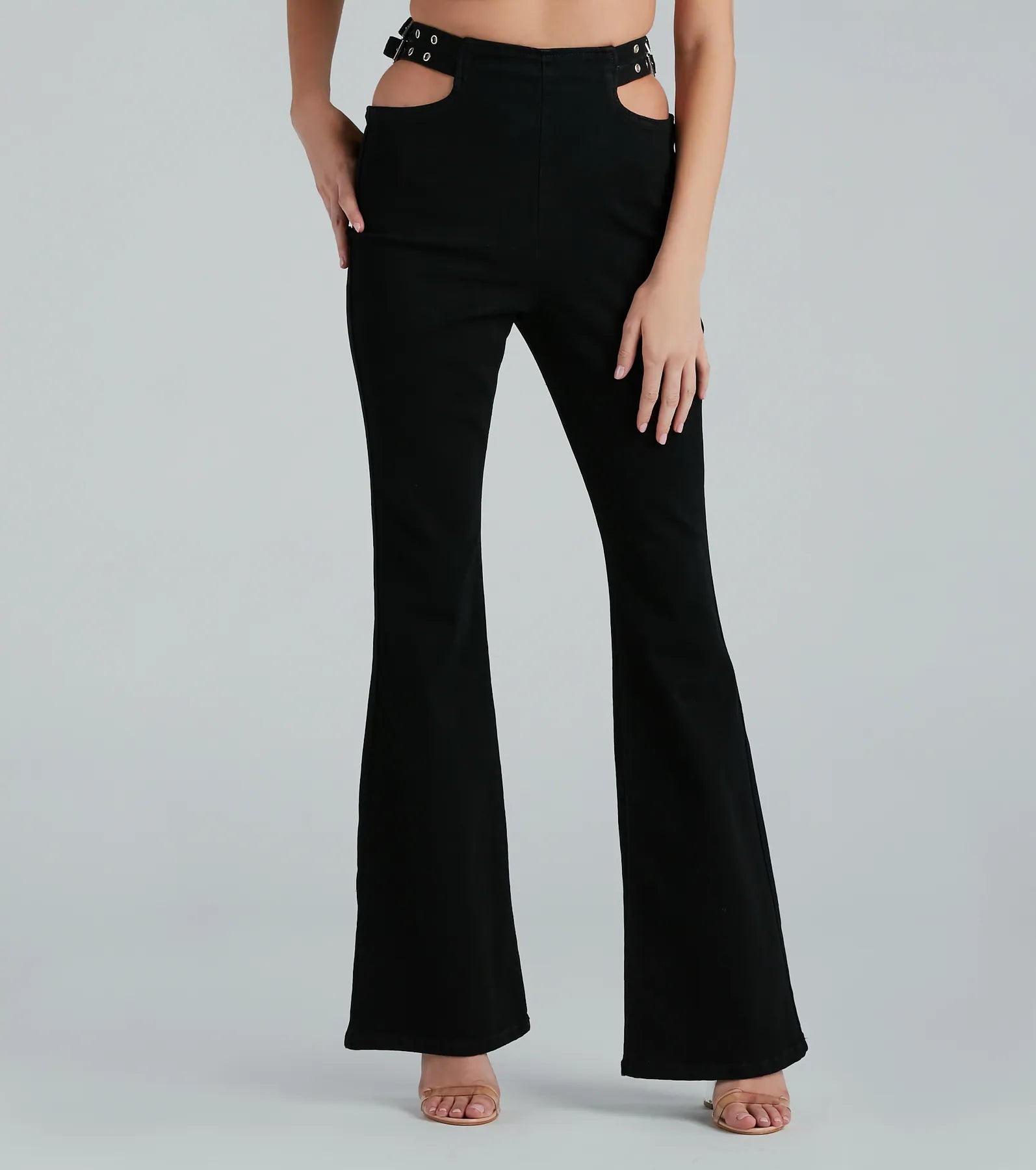 Price Cut Buckle Up High Rise Cutout Flare Denim Jeans
