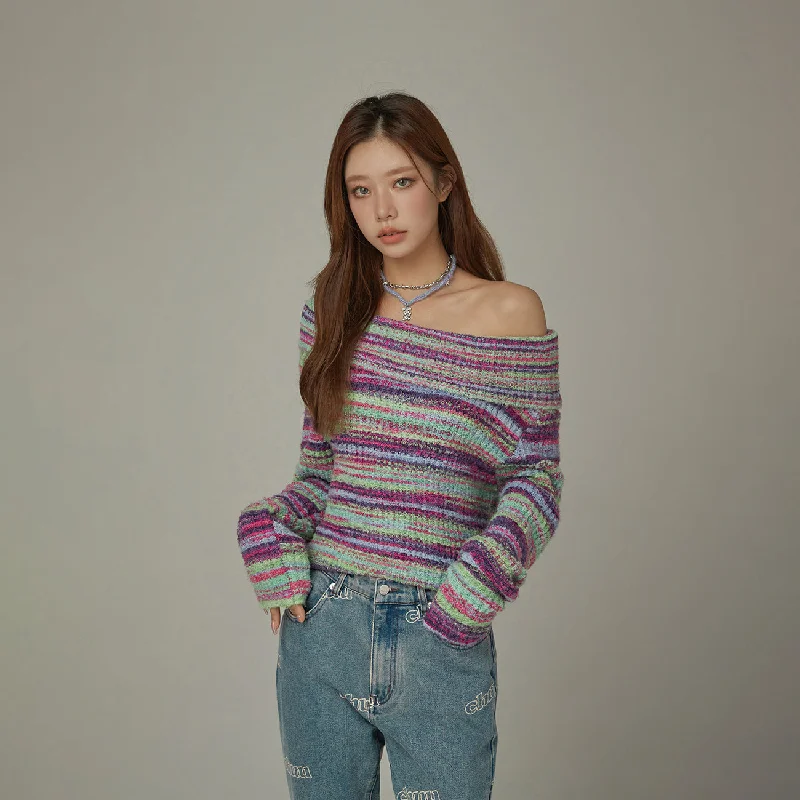 Final Sale Off-Shoulder Color Stripe Knit Sweater