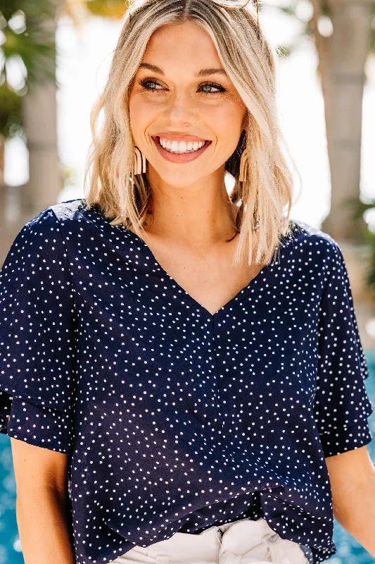 Don’t Miss Out New Levels Navy Blue Polka Dot Blouse
