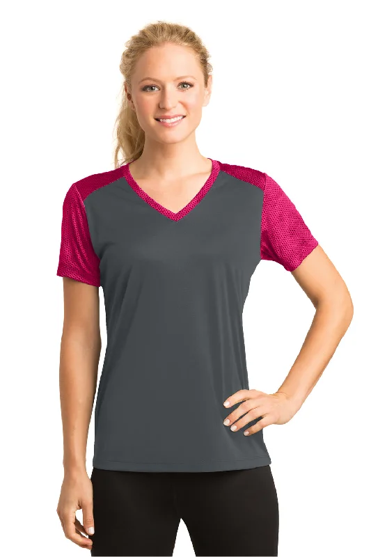 Deal of the Day Sport-Tek Womens CamoHex Moisture Wicking Short Sleeve V-Neck T-Shirt - Iron Grey/Raspberry Pink - Closeout