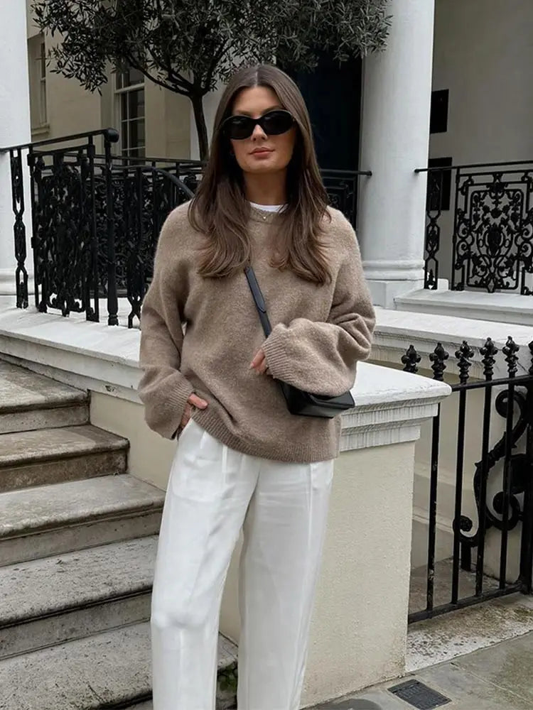 Discount Deals Elegant Solid Wool Blends Round Neck Pullover Women Casual Long Sleeves Loose Warm Sweater