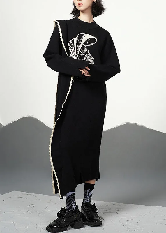 Don't Miss Out Jacquard Black Ruffled Patchwork Cotton Knit Long Sweater Dress Fall