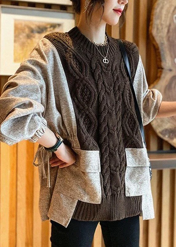 Special Promotion Natural Coffee Patchwork Pockets Cinched Thick Fall Knit Sweater