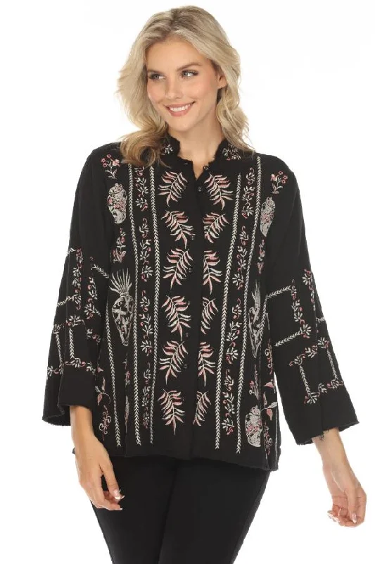Midnight Sale Johnny Was Biya Black Embroidered Button-Down Blouse B42924B6 Boho Chic