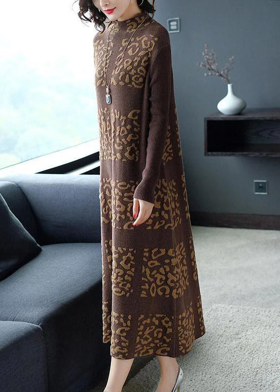 Weekend Savings Spectacular Khaki Print Knit Sweater Dress Stand Collar Winter