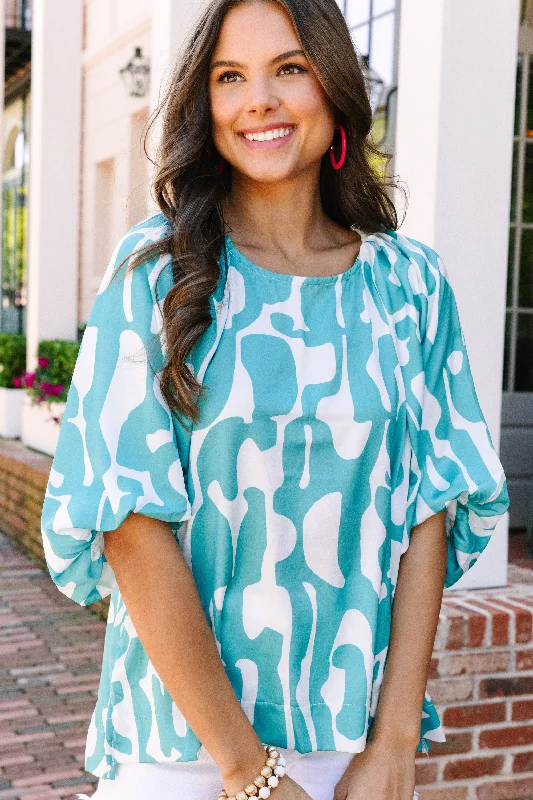 Weekend Discounts to Snag Right On Track Lagoon Green Abstract Blouse