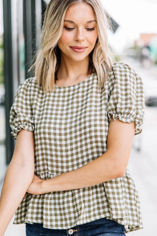 Don't Wait Work For You Olive Green Gingham Top