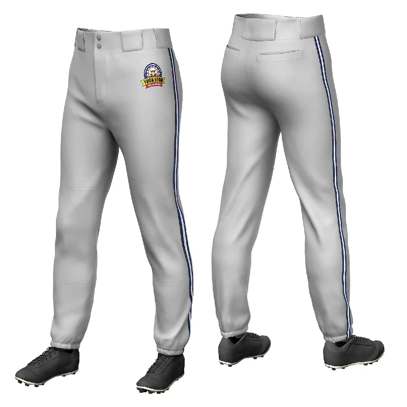 Custom Gray Navy White-Navy Classic Fit Stretch Practice Pull-up Baseball Pants