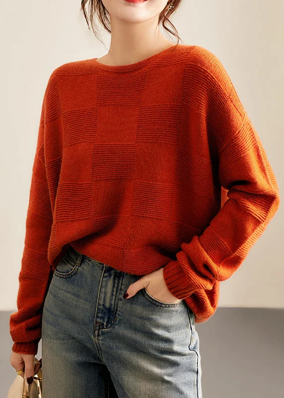 Bargain Alert Italian Orange O Neck Cozy Patchwork Knit Woolen Sweater Fall