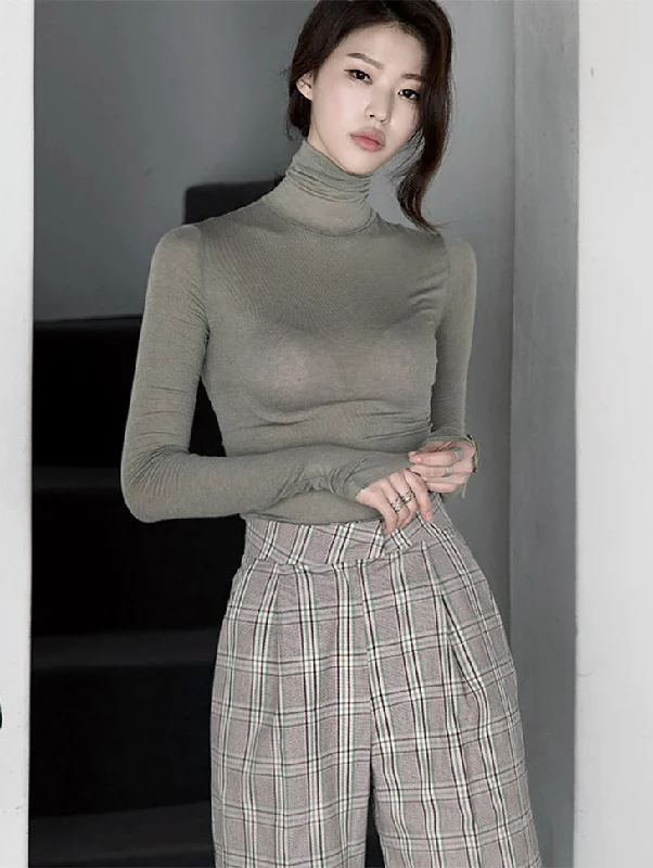 Weekend Deals That Please E2510 Sheer Slim Turtleneck Top