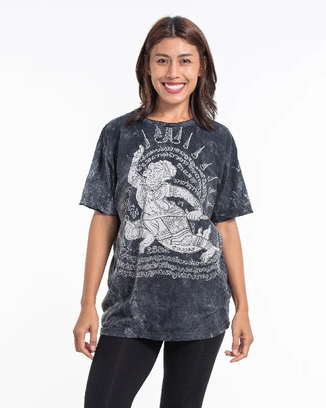 Unisex Hanuman Tattoo Stone Washed Cotton T-Shirt in Black