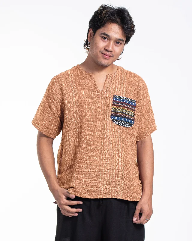 Unisex Woven Cotton Shirt with Tribal Pocket in Beige