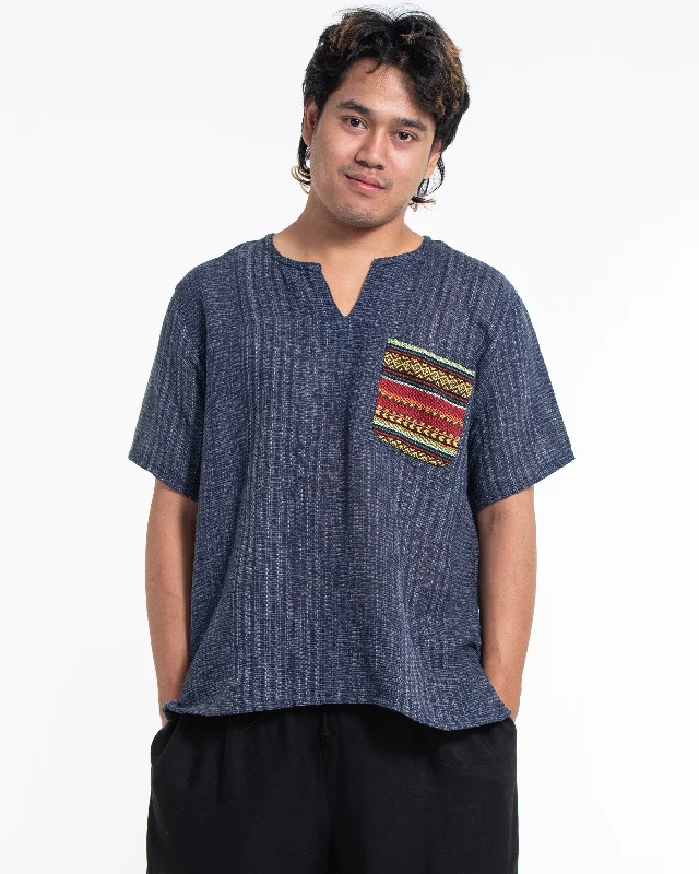 Unisex Woven Cotton Shirt with Tribal Pocket in Blue