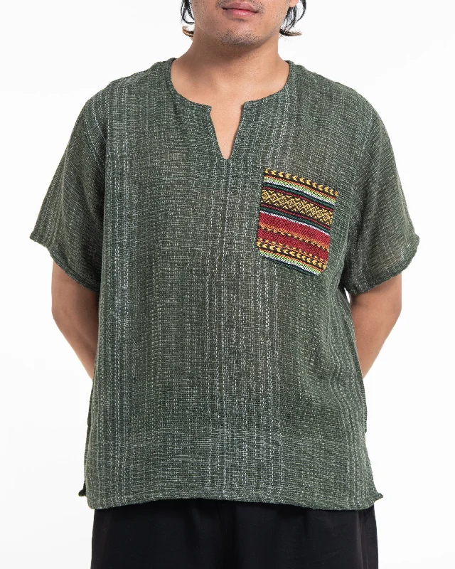 Unisex Woven Cotton Shirt with Tribal Pocket in Green